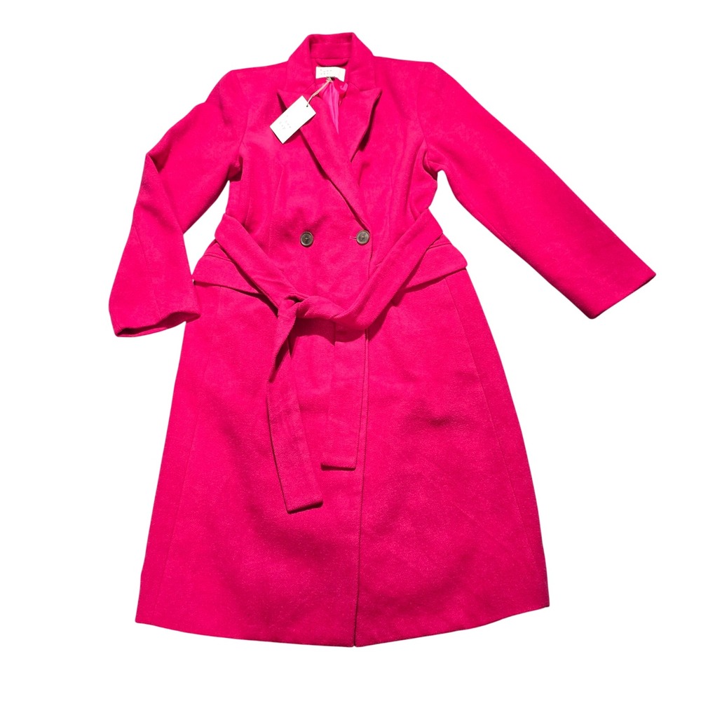 A New Day Wrap Coat Womens Small Fuchsia Pink Wool Blend Belted Overcoat